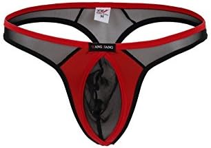 Xiangmenger Men's Mesh Thong Briefs Underwear (L, Black&amp;Red)