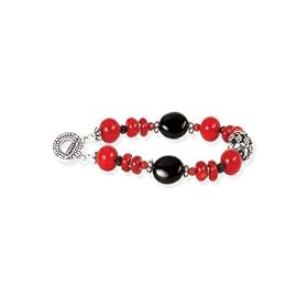 Sterling Silver Red Coral and Onyx Bracelet - 8.5'' by Puresplash