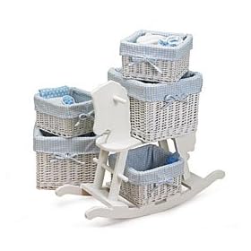 5 Piece Infant Girl or Boy Blue Gingham Basket Set For Baby Nursery Storage And Decor