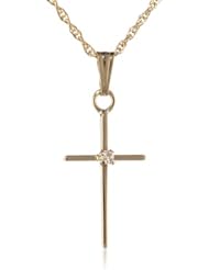 14k Yellow Gold Solid Stick Cross with Genuine Diamond Pendant Necklace, 18"