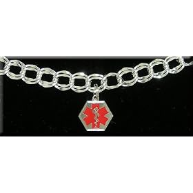 Ladies Rhodium Silver Overlay Medical ID Charm Bracelet with Red Caduceus Medical Symbol Charm