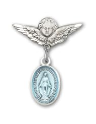 Sterling Silver Baby Badge with Blue Miraculous Charm and Angel with Wings Badge Pin