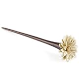 Hand Carved Sono Wood Hair Stick - Painted Leather Flower - White - 7