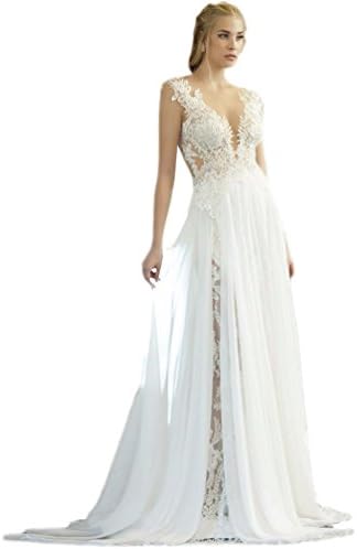 Keting Women's V Neck Lace Applique Detachable Chiffon Skirt Beach Wedding Dress Ivory US2
