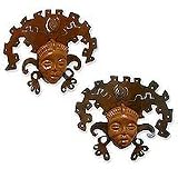 Iron and ceramic wall adornment, 'Aztec Masks' (pair)