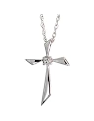 14k White Gold 17.5 in. Chain & 5/8 in. (16mm) tall Cross Pendant, w/ Brilliant Cut Diamond