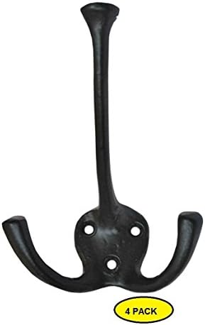 Cast Iron Hook, Black Powder Coat Finish, Triple Hook, 4-Pack, Handcrafted