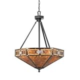 Quoizel NX627CVB Mission Diamond 3-Light Chandelier from the Museum of New Mexico Collection with Amber Glow Mica and Tiffany Glass Shade, Vintage Bronze