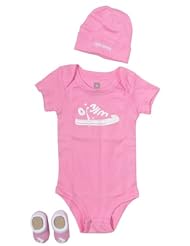Apparel: Converse Baby Chuck Taylor Graphic Bodysuit, Baby Beanie and Booties Set (One Size 0-6 Months) Pink, 0 - 6 Months