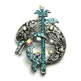 Blue & AB Austrian Rhinestone Dolphin Antique Silver-Tone Brooch Pin