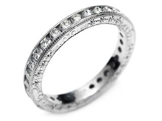 Diamond Channel Set Full Circle Platinum 3MM Band with Hand Engraving, Ring Size 6.5 Ctw 1.00