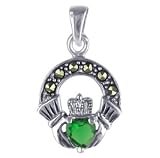 Sterling Silver Heart Shape Synthetic Green CZ Irish Claddagh Friendship and Love Marcasite Dangle Pendant