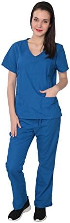 wome's medical mock wrap scrub top w 2 pockets & 5 pocket cargo pant royal blue-XS