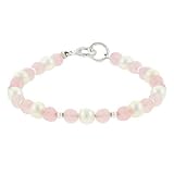 Genuine Rose Quartz Stone Freshwater Cultured White Pearl Sterling Silver Beaded Infant Baby Girl Bracelet