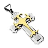Stainless Steel Double Cross w/ Gold Gothic Top Cross Pendant
