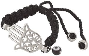 Braided Black Nylon Bracelet with Stainless Steel Hand of Fatima and Evil Eye Bead Charms