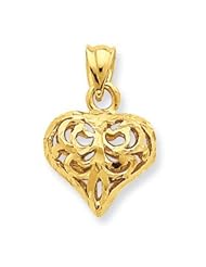 14k Gold Open Filigree Fleur-de-lis Heart Pendant