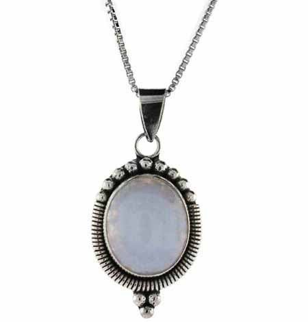 Sterling Silver Genuine Blue Lace Agate Stone Beaded Oval Pendant