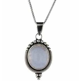 Sterling Silver Genuine Blue Lace Agate Stone Beaded Oval Pendant by SilverSpeck.com