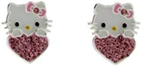 Hello Kitty Sanrio Enamel Head on Heart Pink Crystal Stud Earrings Silver Plated
