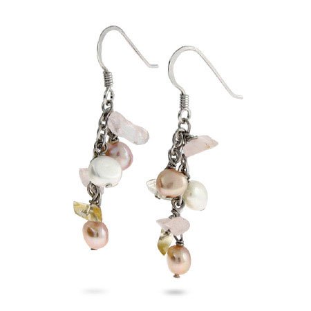 Eve's Addiction Natural Stones and Freshwater Pearl Sterling Silver Earrings