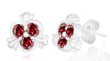 Round Cut Garnet Three Stone Earrings Sterling Silver