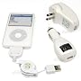 3 in 1 USB Charger Kit for iPod and iPhone: Travel Charger, Car Charger, and Retractable USB Charger and Data Cable
