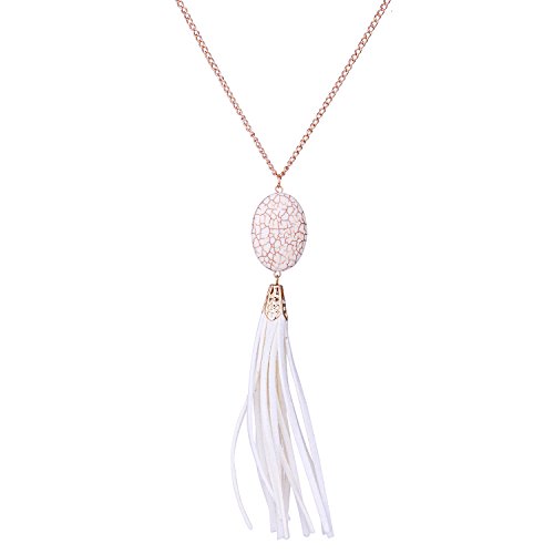 Zhenhui High Quality Jewelry Faux Leather Tassel Stone Pendant Gold Tone Long Chain Women Fashion Necklace (White)