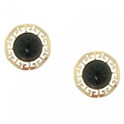 Black Onyx Earrings Set in 14K Yellow Gold & Greek Key Design
