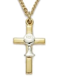 24K Gold over .925 Sterling Silver 2-Tone Cross Pendant Necklace with Chalice Childrens Religious Jewelry First Communion Gifts Gift Boxed w/Chain Necklace 18" Length Gift Boxed