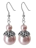 Pink Swarovski Pearl Sterling Silver Bali Beads Dangle Earrings with Fish Hook Findings