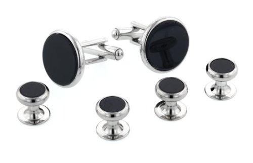 Classic silver plated and onyx cufflinks and shirt stud set with presentation box. Made in the U.S.A