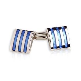 Distinctive 3-Stripe Blue Silver Square Cufflinks with Presentation Box