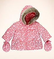 Hooded Faux Fur Trim Floral Print Jacket with Mittens