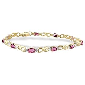 14K Yellow Gold Genuine Oval Pink Tourmaline and Diamond Bracelet by Pink-Tourmaline Bracelets