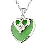 Rhodium Plated 925 Sterling Silver Heart Shape Green Jade Pendant Necklace with 18