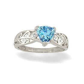 14K White Gold Genuine Trillion Blue Topaz and Diamond Filligree Ring by Jewels For Me