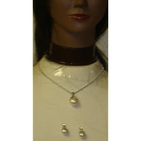 Sterling Silver Plated Medium Chain Necklace with Crystals Laden Ivory Pearl Pendant and Earrings