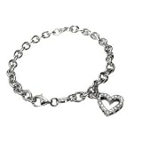 14K White Gold Rollo Link Bracelet with Dangling Diamond Heart Charm
