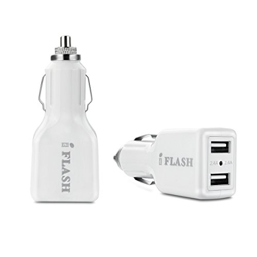 iFlash® USB 24W / 4.8A Dual-Port Car Charger - Simultaneous, full-speed charging (White)