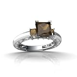 14K White Gold Genuine Square Smoky Quartz and Diamond Ring
