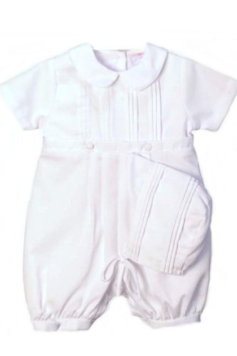 Boys or Baby Infant Boy's White Woven Cotton Christening Set with Bonnet - Christening Clothinng or outfits by Petit Ami