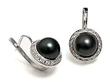 18K White Gold Natural Black 10.5mm Tahitian South-Sea Pearl Earrings, Set in an European Leverback and Surrounded by Pave Set Diamonds.