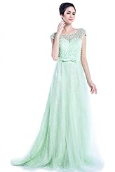 A-line Tulle Cap Sleeves Sheer Lace Backless  Beaded Evening Dress/Prom Dress/Party Dress  with a Brush/Sweep Train  With a Bow(s) and a Sash 