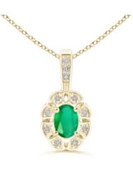 Floral Round Diamond and Oval Emerald Pendant - 0.4 ct TGW
