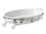 Mayfair & Jackson Oval Porcelain Casserole with Vented Lid and Elegant Serving Rack, Holly Print