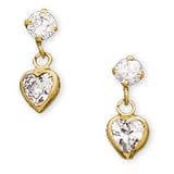 14K Yellow Gold Children's Heart Dangle Pierced Earrings (Pair) w/CZ Stones