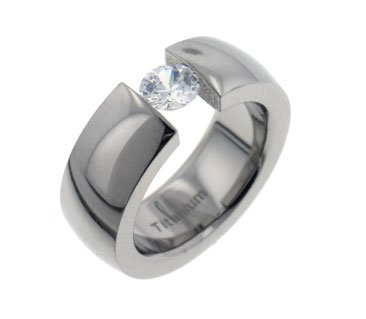 Sparkling White or Clear Cubic Zirconia CZ High Polished Titanium Wedding Band Ring (Size 6,7,8,9,10)