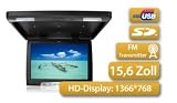 Produkt-Bild: Deckenmonitor 39,63cm (wie 15,6 Zoll) Diagonale, 16:9, Hochaufl&ouml;sendes Display mit 1366*RGB*768, USB- & SD-Port, Inklusive IR - & FM - Transmitter, Pal & NTSC, Multimedia-Fernbedienung, 2x Video & 1x Audio - Anschl&uuml;sse, mit Dachinnenbeleuchtung, Schwarz