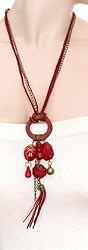 Improving Lifestyles Long Necklace O Ring with Beads and Tassle Red